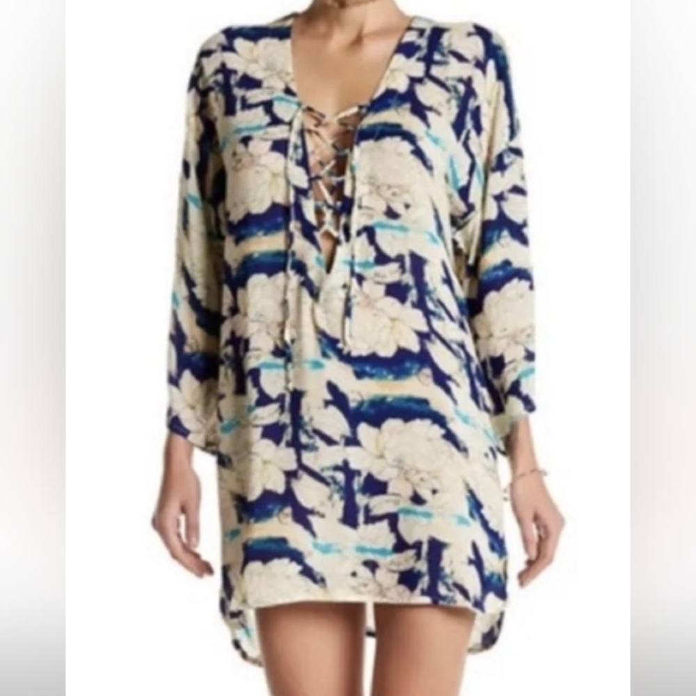 flynn skye lace up front unique floral tunic/ coverup/ minidress XS